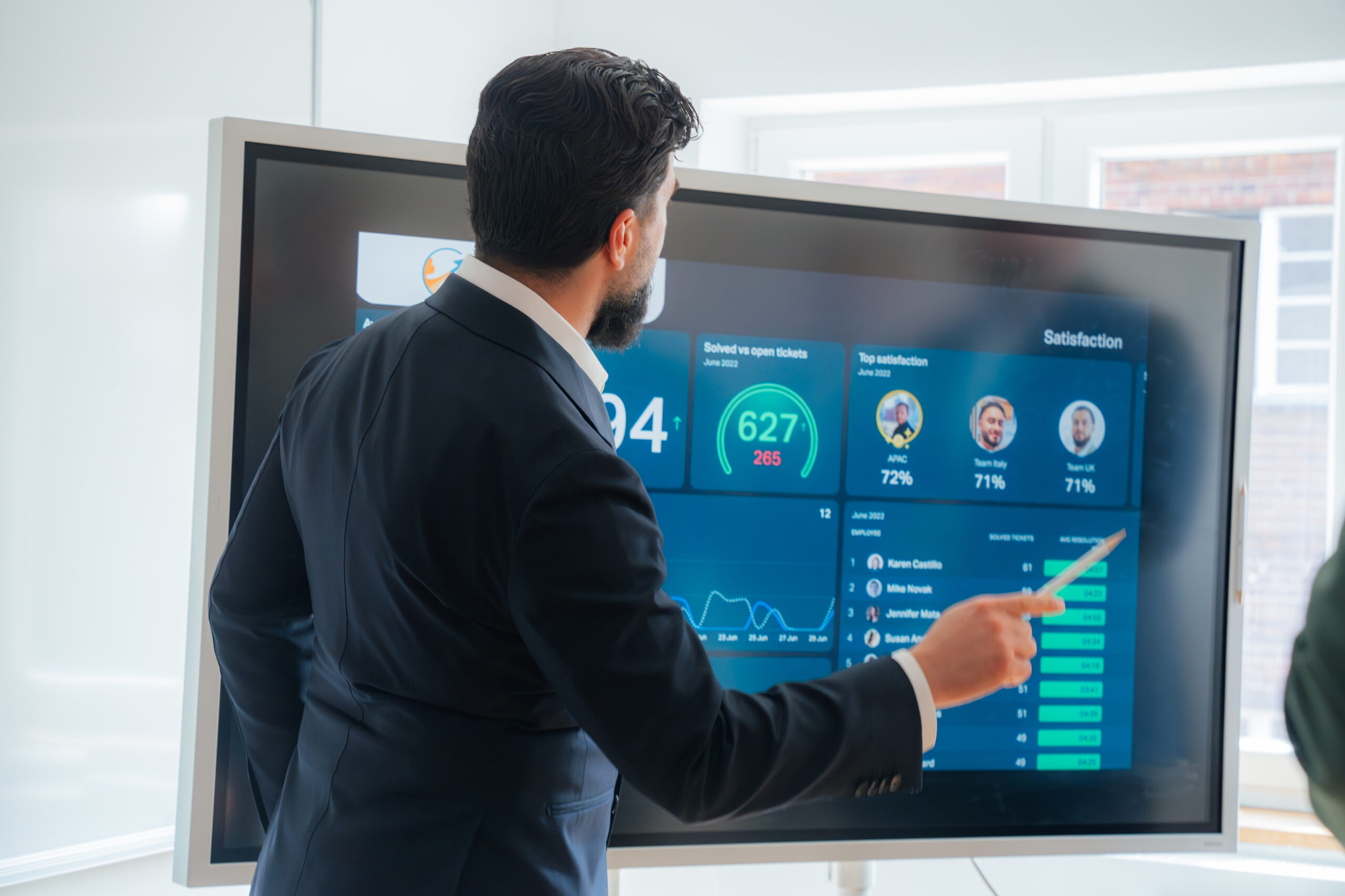 Mann im Anzug präsentiert Werte am Whiteboard